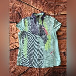 Jamie Sadock Golf Polo Top Large Quarter Zip Crinkle Striped Colorful Abstract